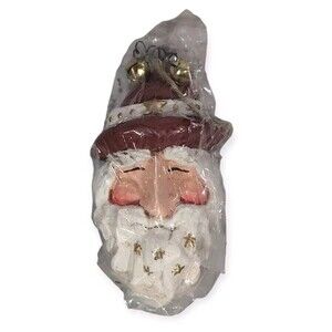 Vintage Hand Carved Wood Santa Ornament With Bells Made In Philippines 5"x3"